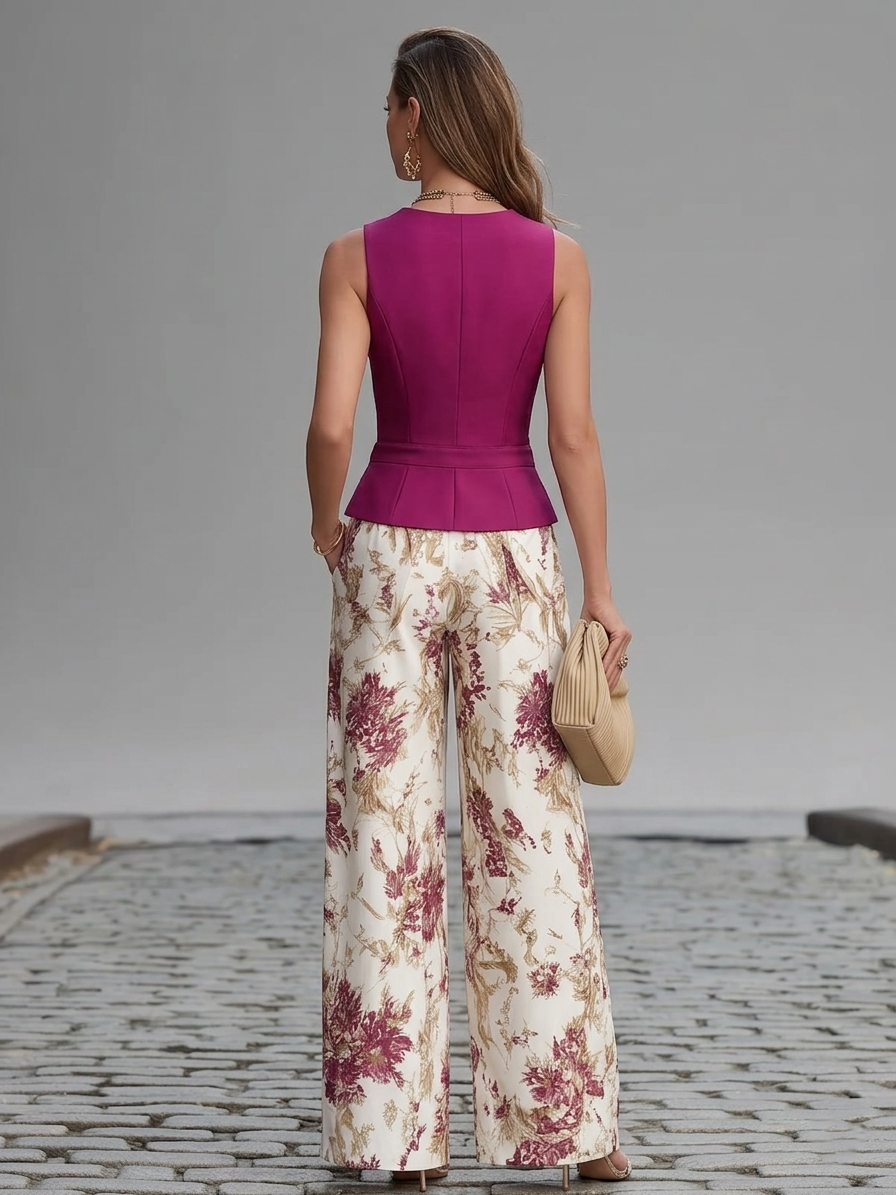 Pink Gilet and Wide Flower Pants