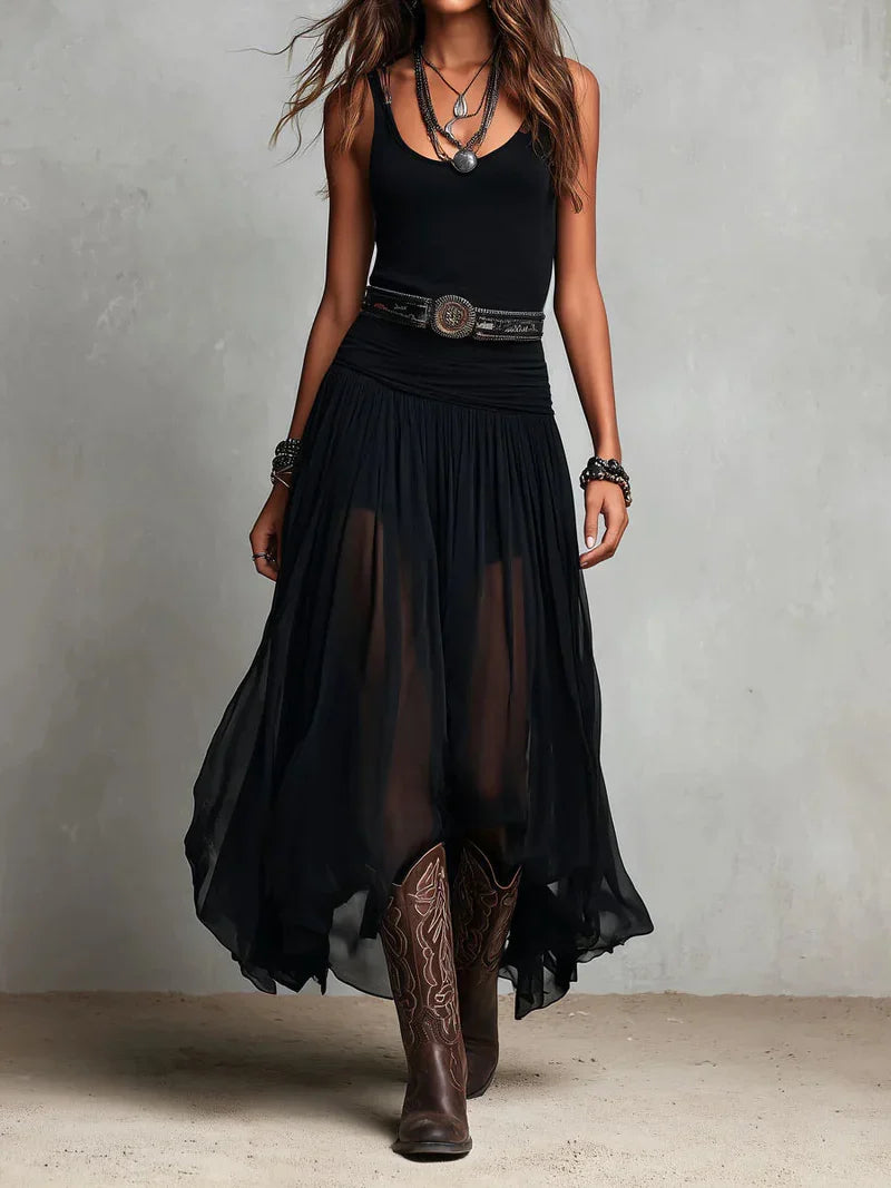 Beatriz Black Sleeveless Top and Maxi Tulle Skirt with Belt