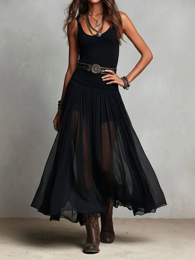 Beatriz Black Sleeveless Top and Maxi Tulle Skirt with Belt