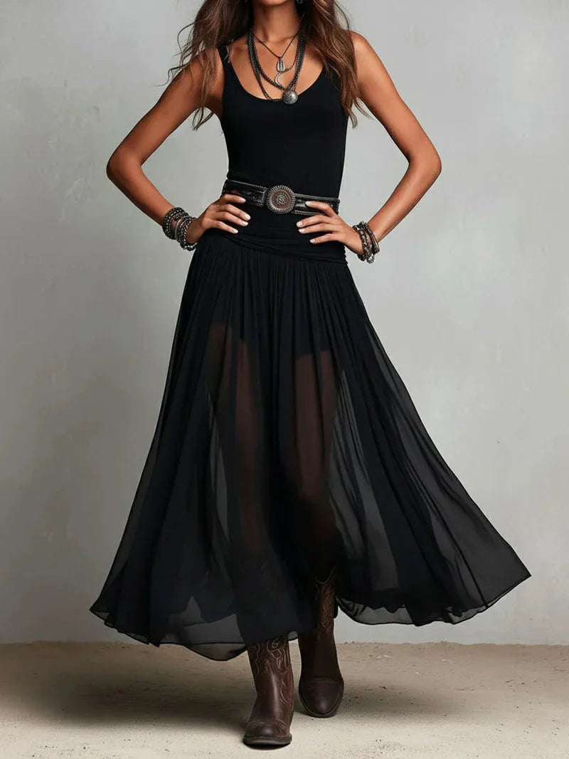 Beatriz Black Sleeveless Top and Maxi Tulle Skirt with Belt