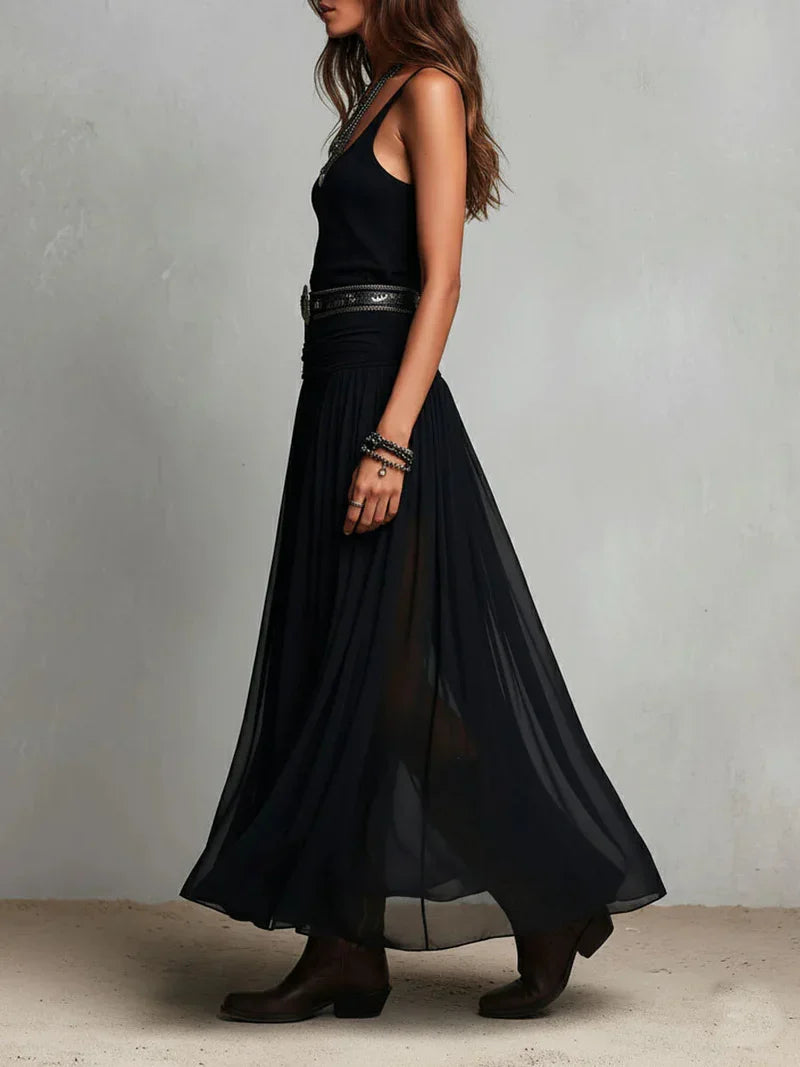 Beatriz Black Sleeveless Top and Maxi Tulle Skirt with Belt