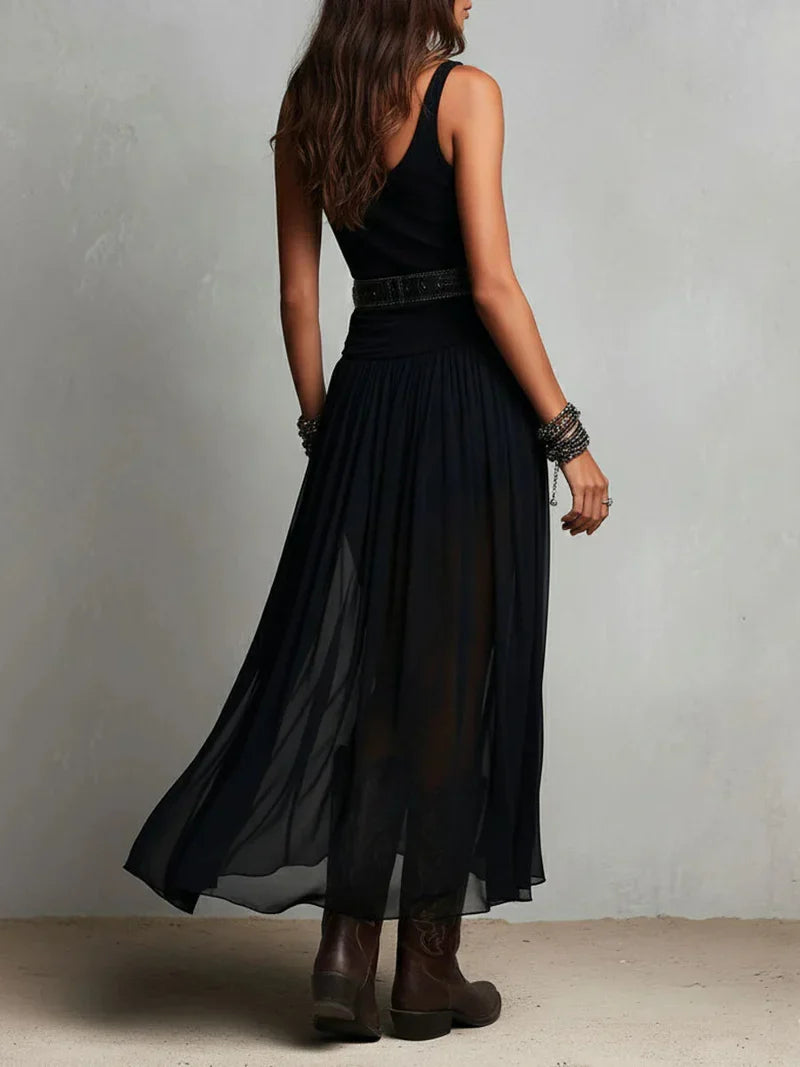 Beatriz Black Sleeveless Top and Maxi Tulle Skirt with Belt