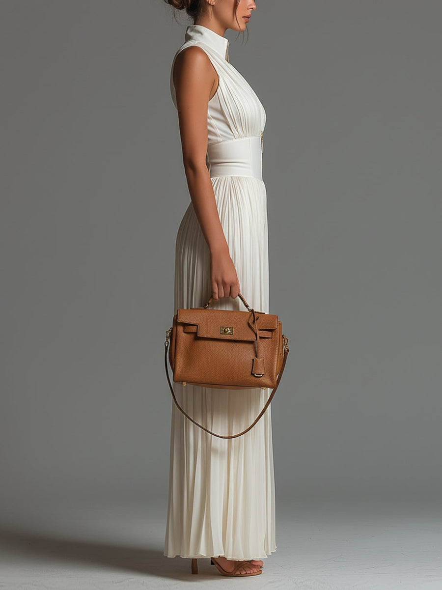 White Chiffon Jumpsuit with Sleeveless Design and Zip