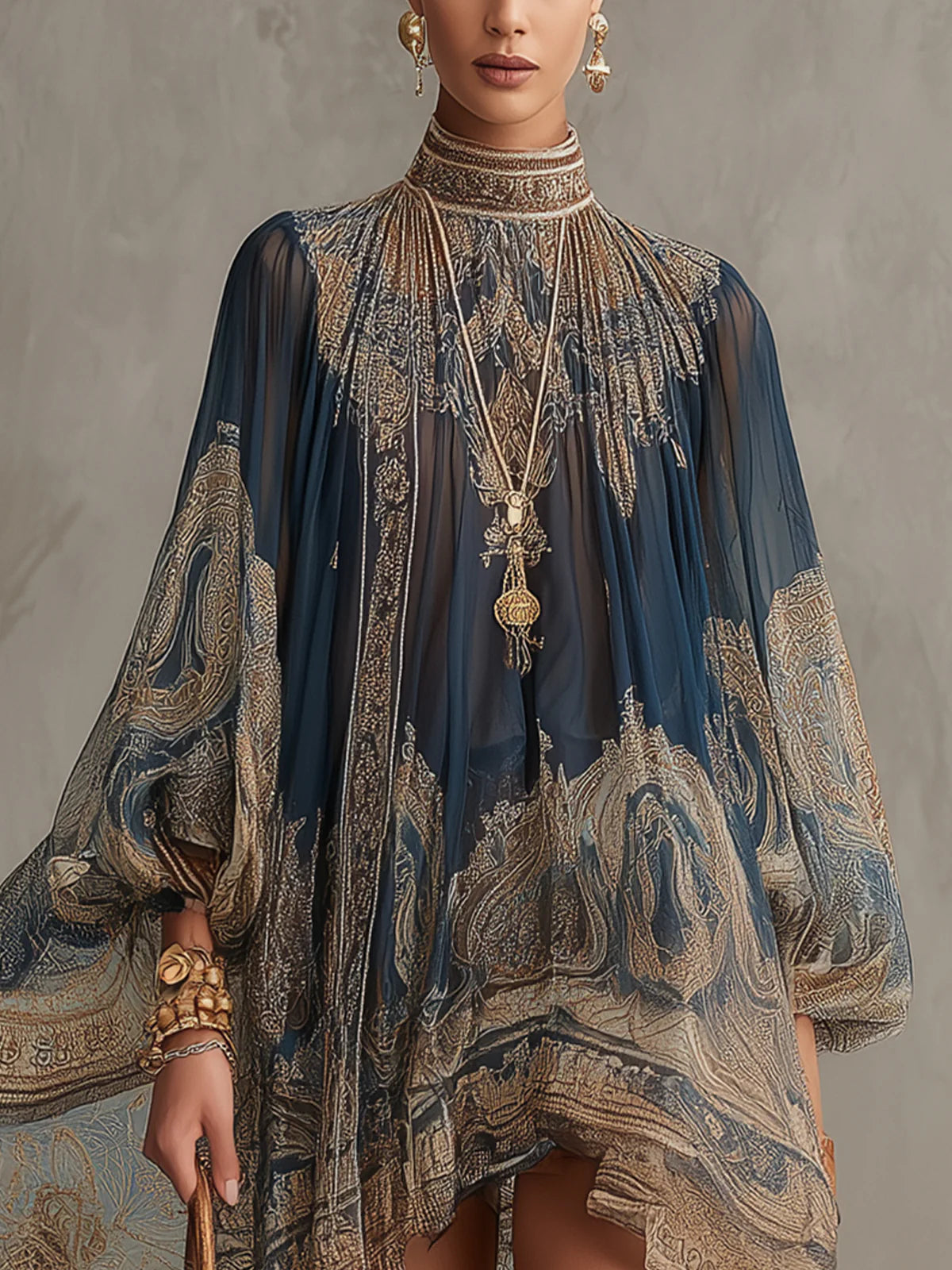 Mini Chiffon Dress with Navy Blue Baroque Print