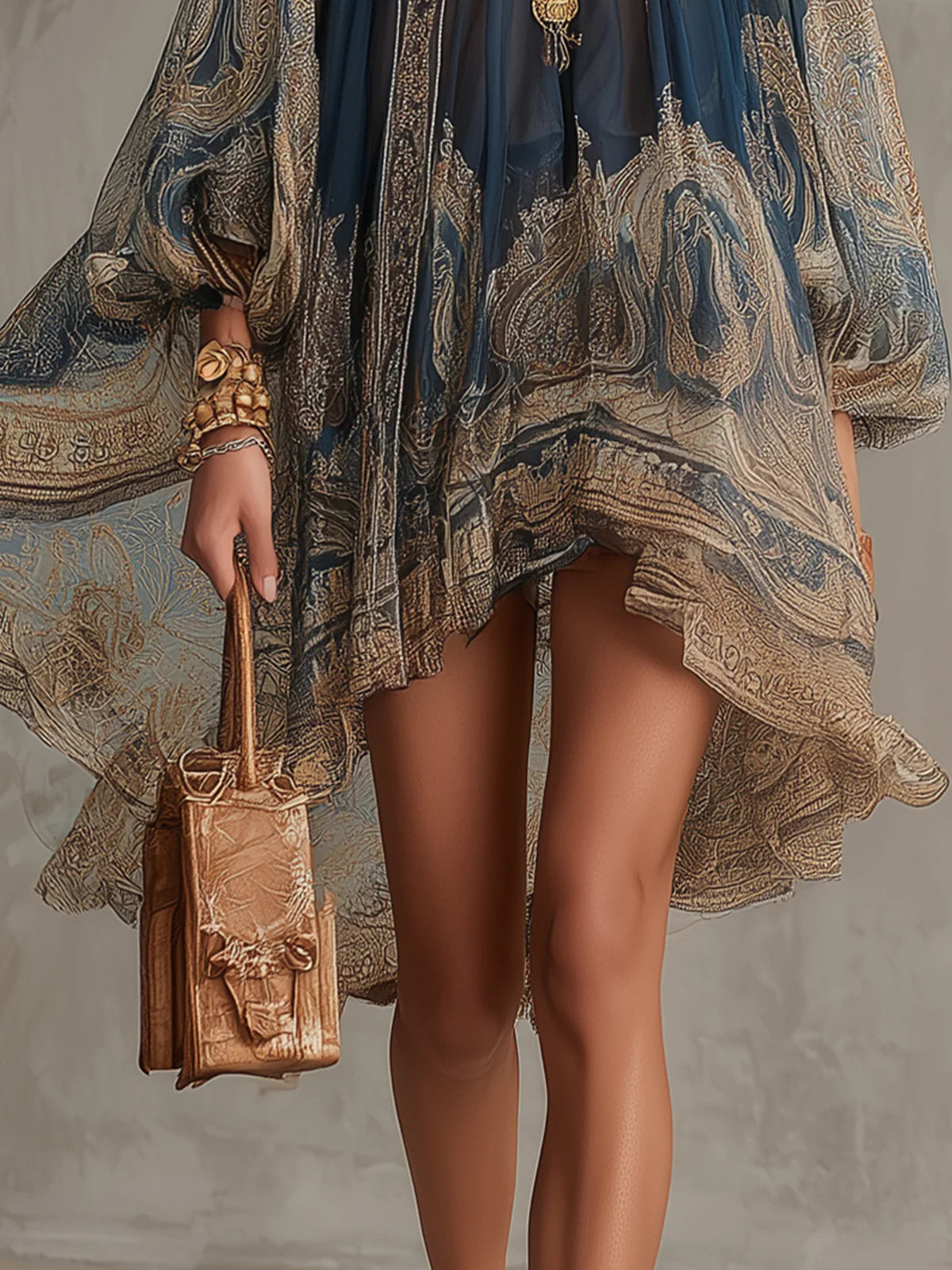 Mini Chiffon Dress with Navy Blue Baroque Print