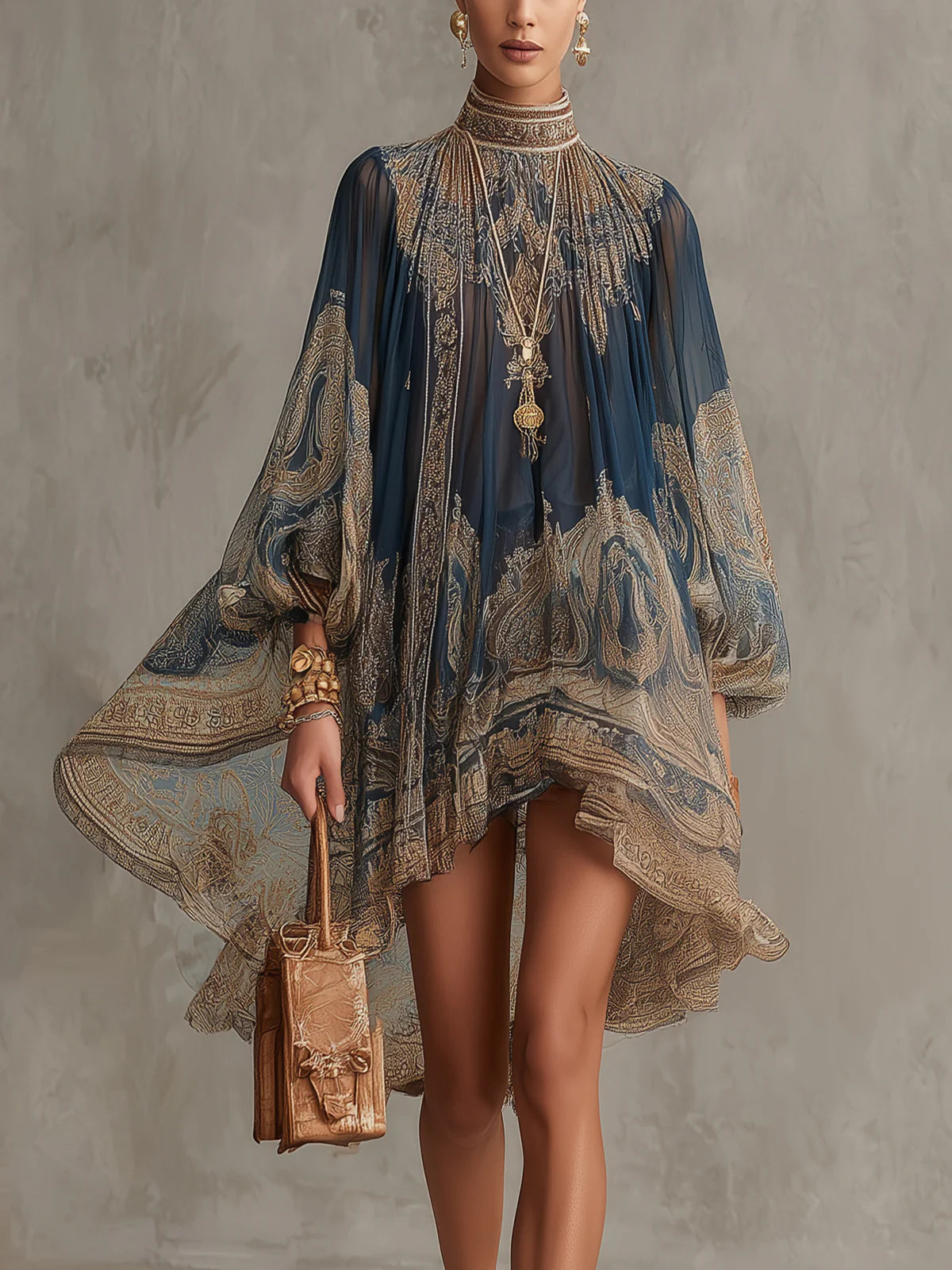 Mini Chiffon Dress with Navy Blue Baroque Print