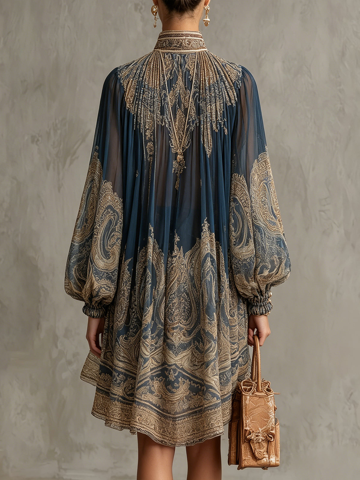 Mini Chiffon Dress with Navy Blue Baroque Print