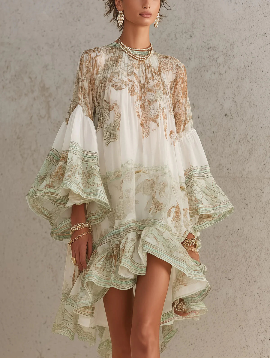 Mini Chiffon Dress with Stripes and Ruffled Sleeves in Green