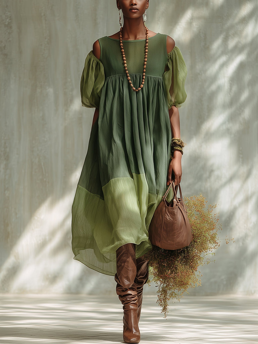 Green Chiffon Midi Dress with Off-the-Shoulder Sleeves