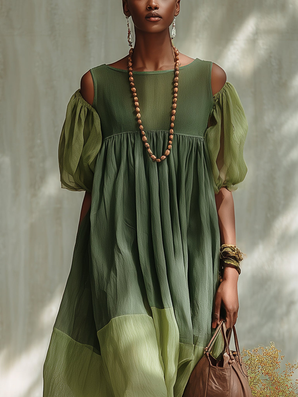 Green Chiffon Midi Dress with Off-the-Shoulder Sleeves