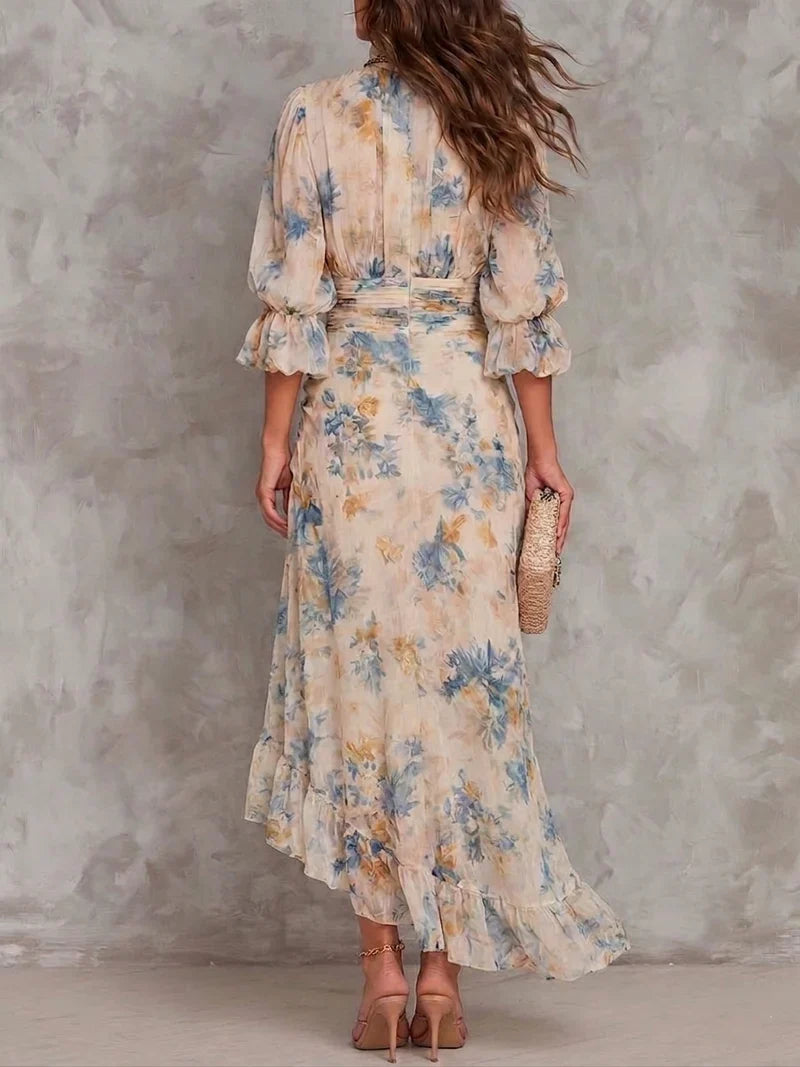 Aitana Maxi Dress in Floral Chiffon, High Neck and Asymmetrical Hem Beige