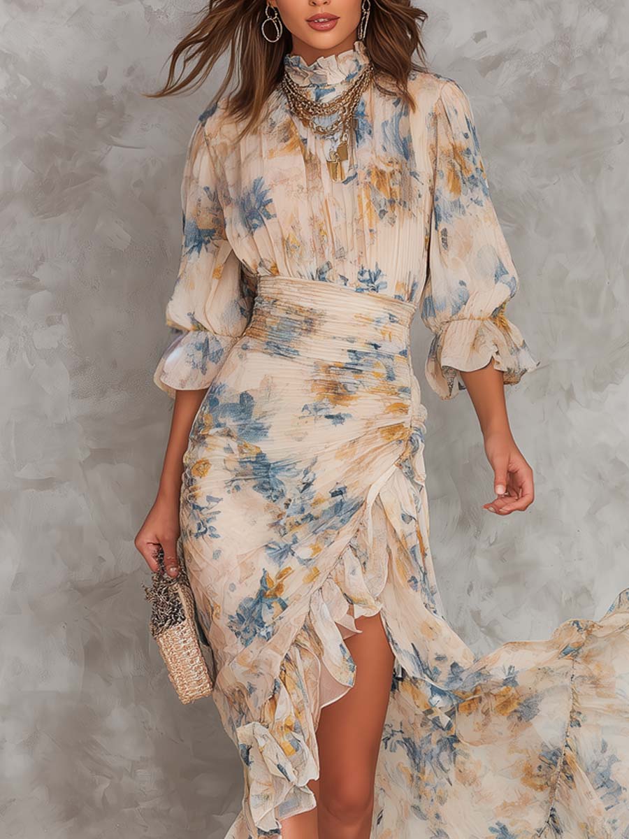 Irregular Maxi Chiffon Dress with Floral Print