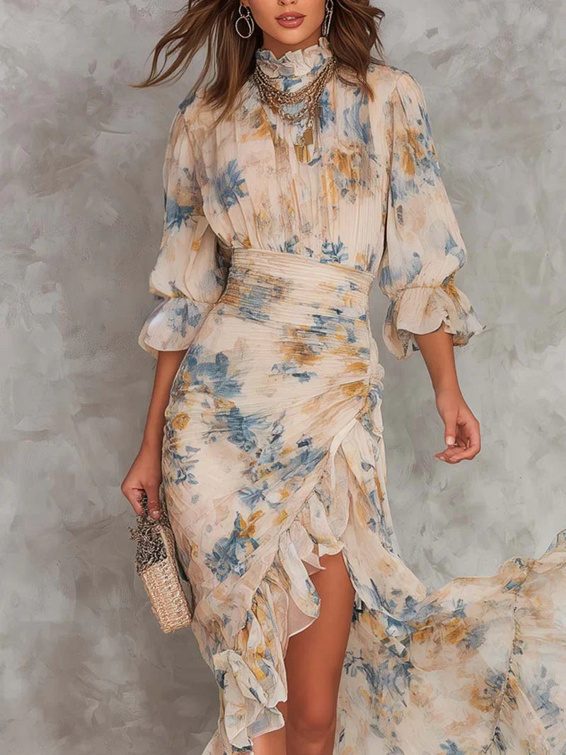 Aitana Maxi Dress in Floral Chiffon, High Neck and Asymmetrical Hem Beige