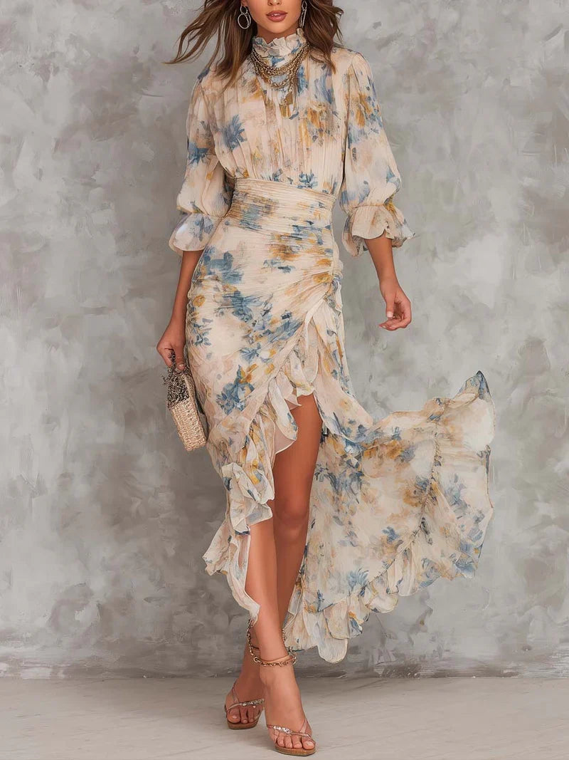Aitana Maxi Dress in Floral Chiffon, High Neck and Asymmetrical Hem Beige