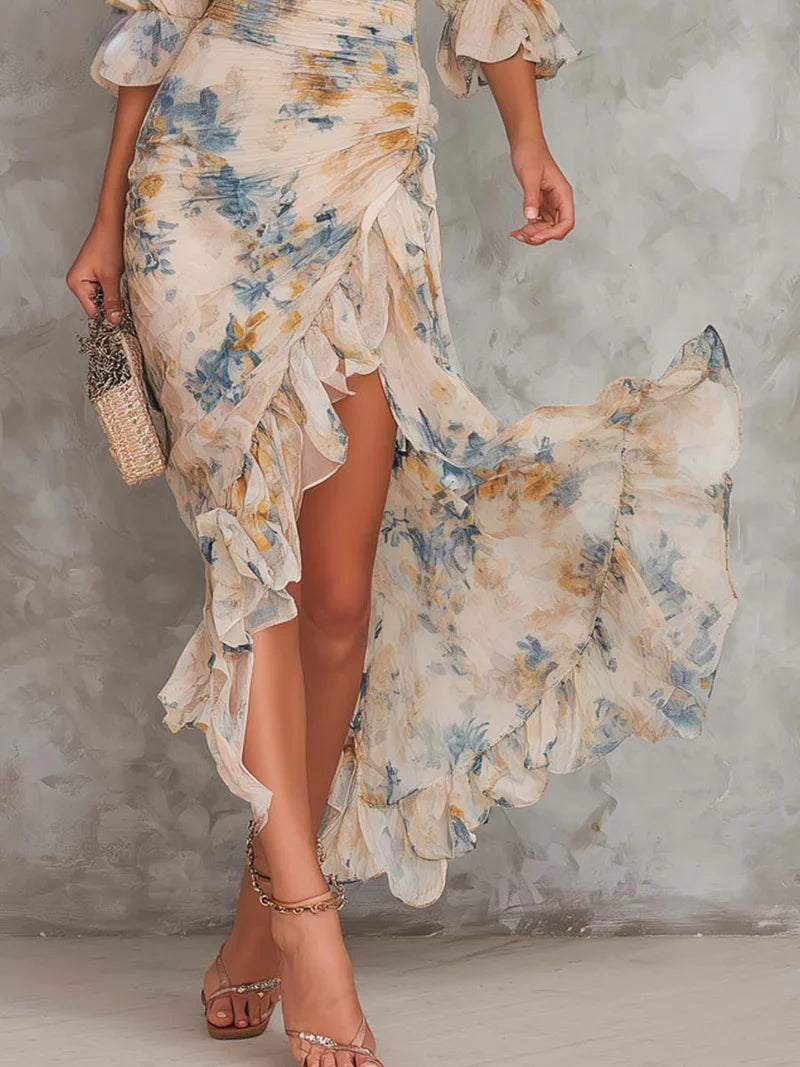 Aitana Maxi Dress in Floral Chiffon, High Neck and Asymmetrical Hem Beige