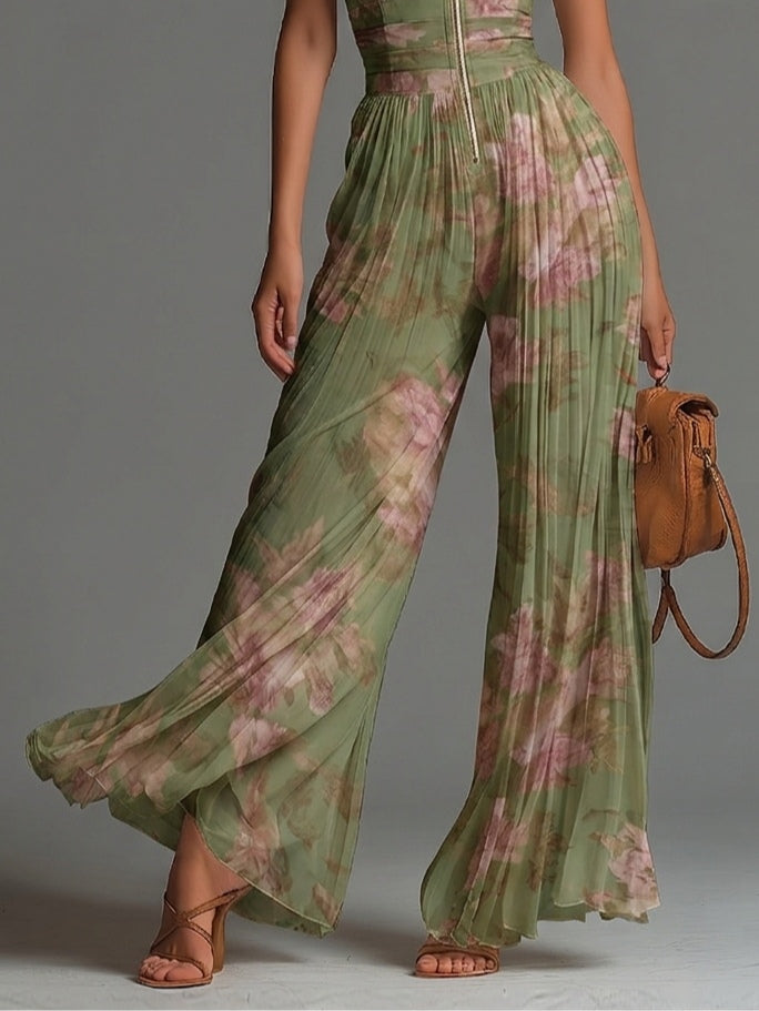 Green Floral Chiffon Jumpsuit with Sleeveless Design and Zip