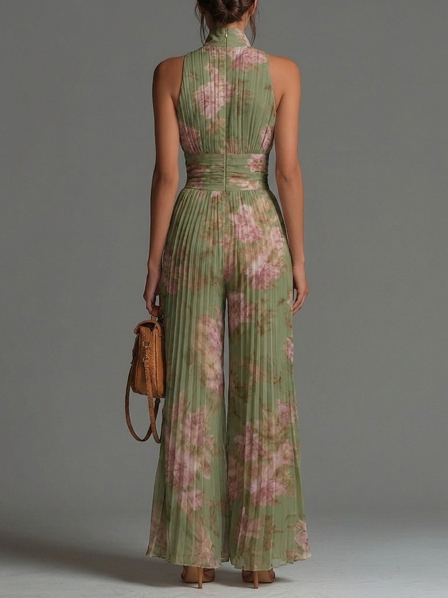 Green Floral Chiffon Jumpsuit with Sleeveless Design and Zip