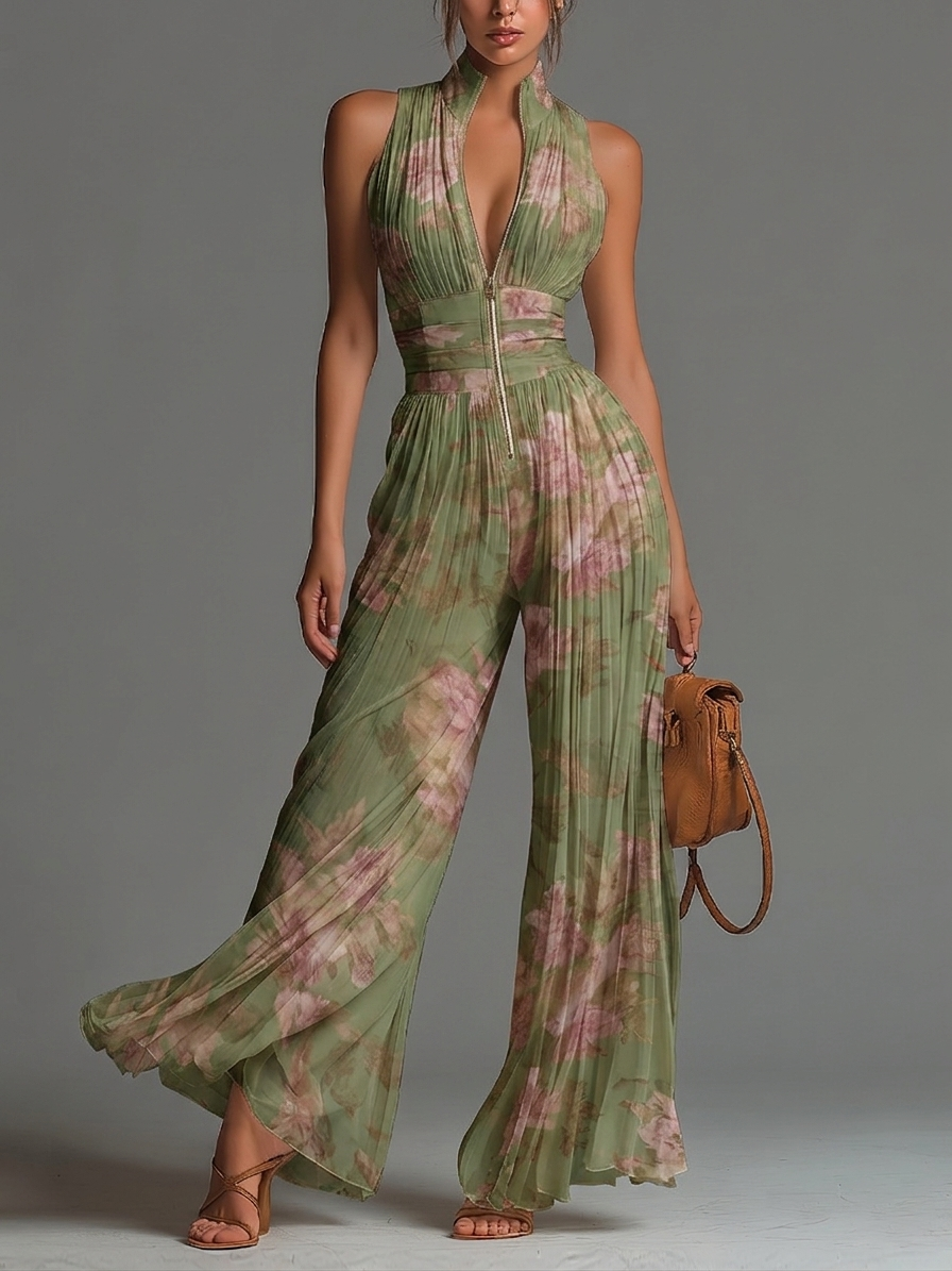 Green Floral Chiffon Jumpsuit with Sleeveless Design and Zip