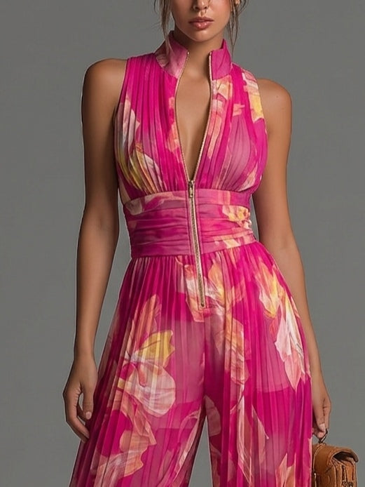 Sleeveless Pleated Chiffon Jumpsuit with Zip