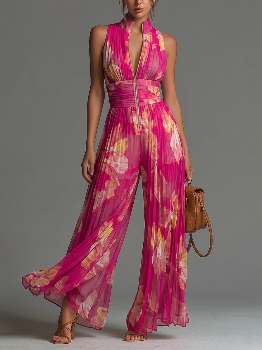Sleeveless Pleated Chiffon Jumpsuit with Zip