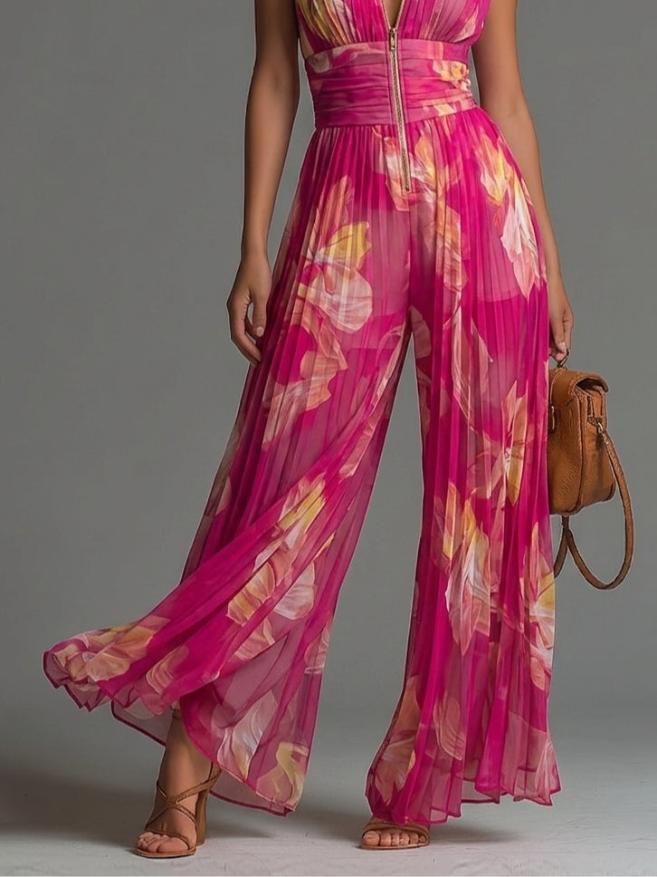 Sleeveless Pleated Chiffon Jumpsuit with Zip