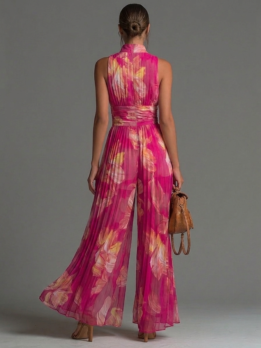 Sleeveless Pleated Chiffon Jumpsuit with Zip