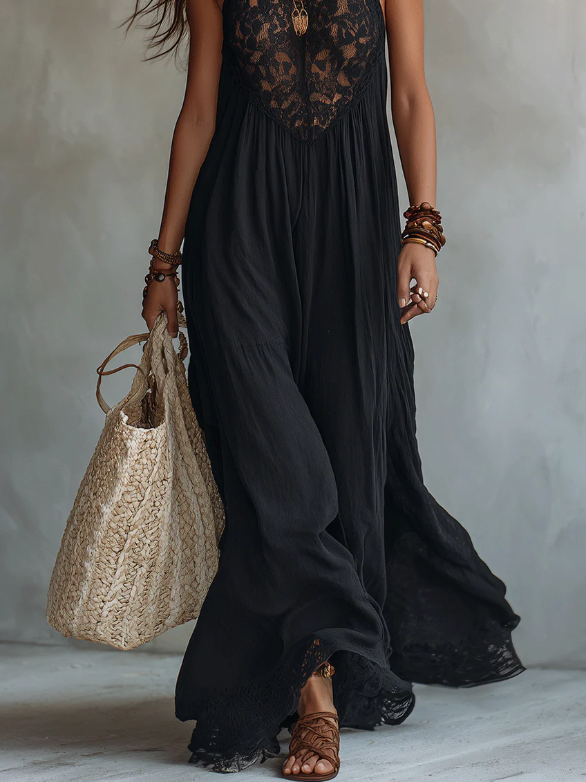 Black Maxi Dress with Sleeveless Bohemian Lace