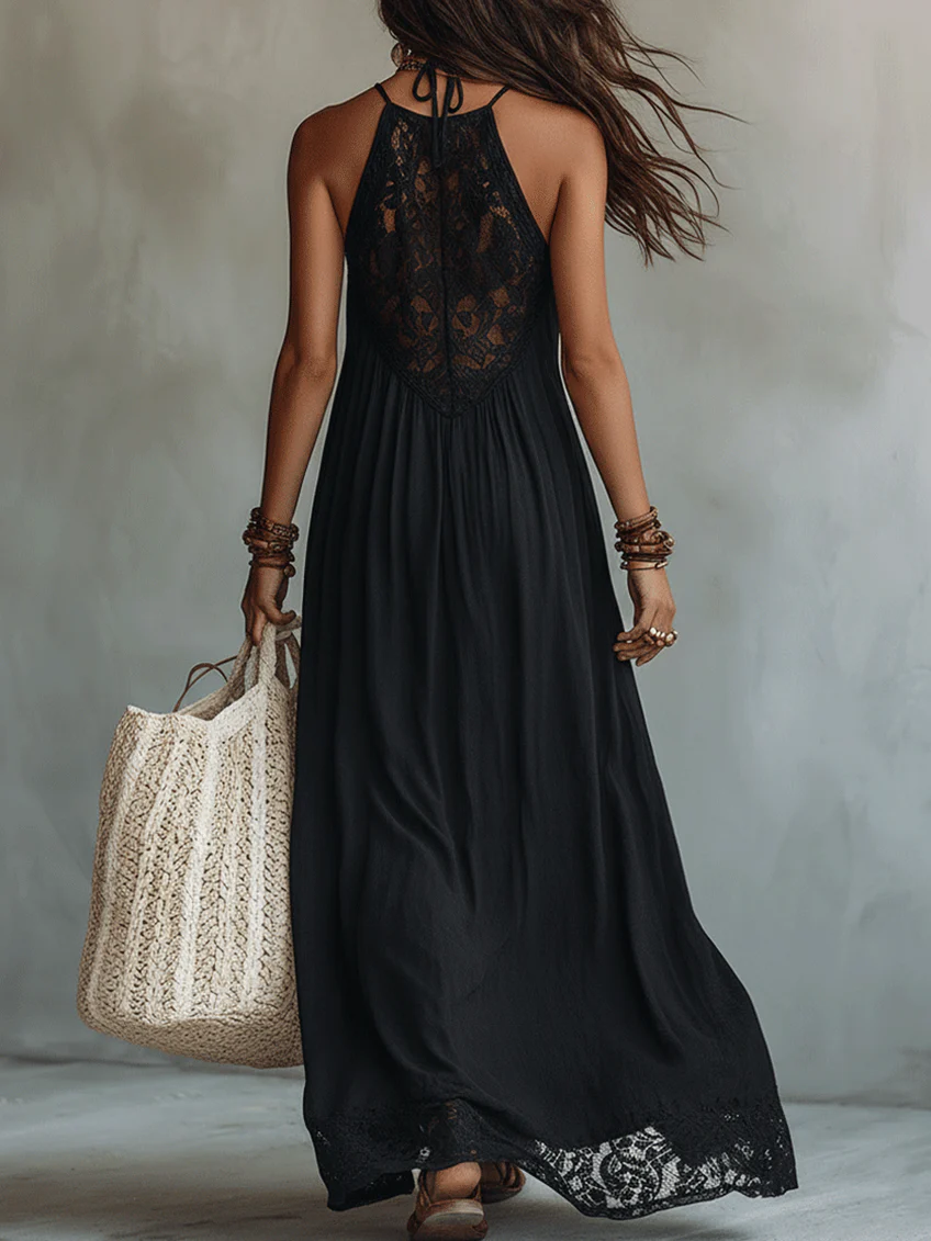 Black Maxi Dress with Sleeveless Bohemian Lace