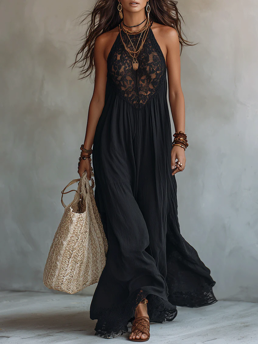 Black Maxi Dress with Sleeveless Bohemian Lace