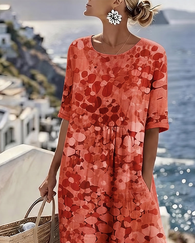 WILLOW | Floral Midi Dress with Round Neck and Short Sleeves for Effortless Summer Style