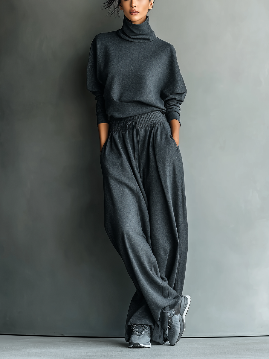 Women's Charcoal Knit Set with High Neck and Wide Leg Pants