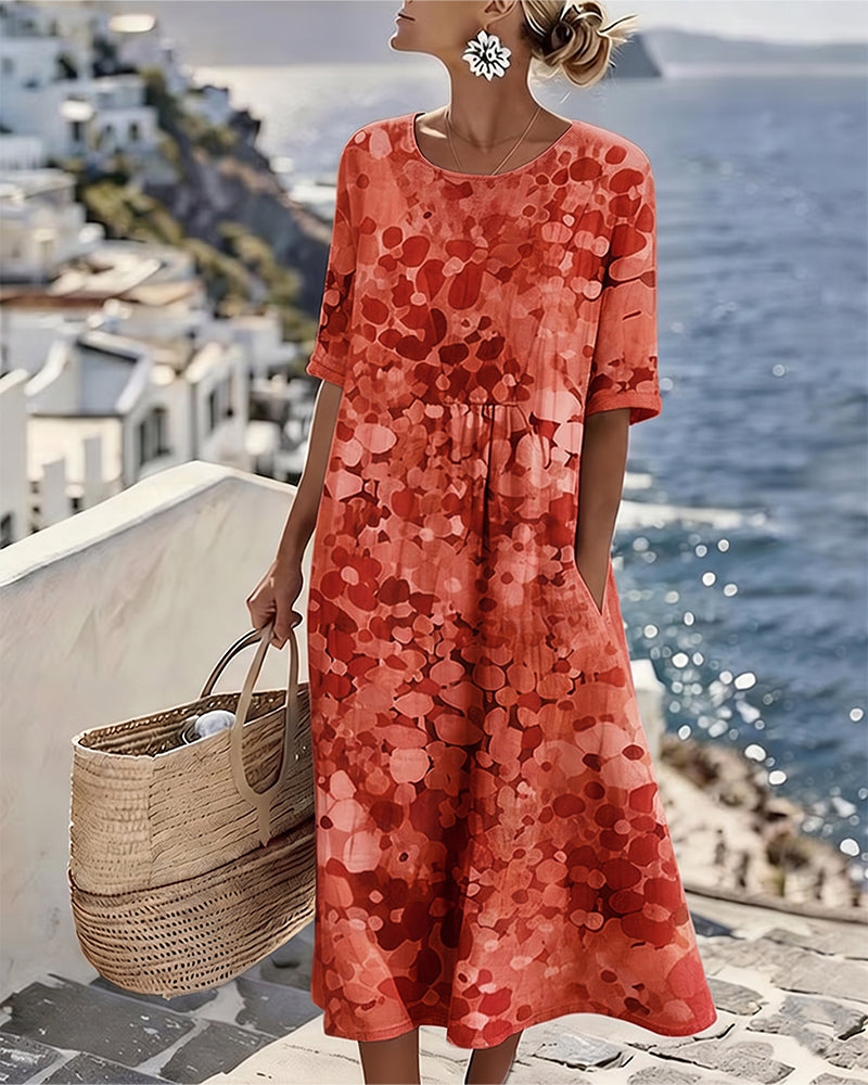 WILLOW | Floral Midi Dress with Round Neck and Short Sleeves for Effortless Summer Style
