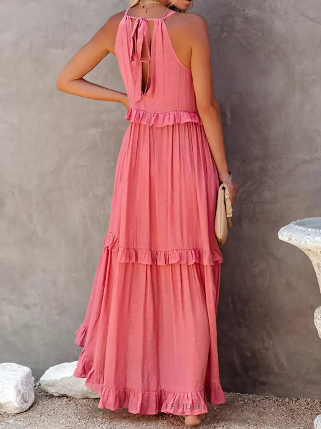 Quetzel | Graceful Halter Neck Ruffle Trim Dress