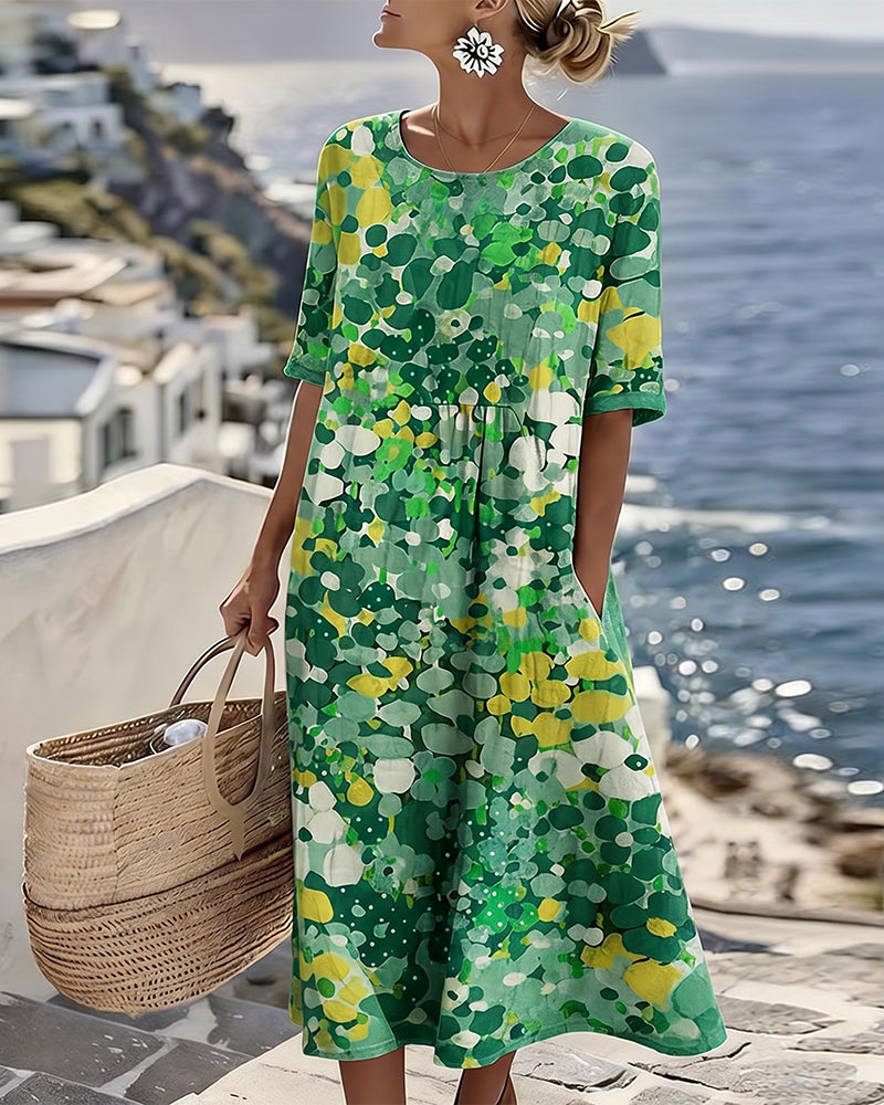 WILLOW | Floral Midi Dress with Round Neck and Short Sleeves for Effortless Summer Style
