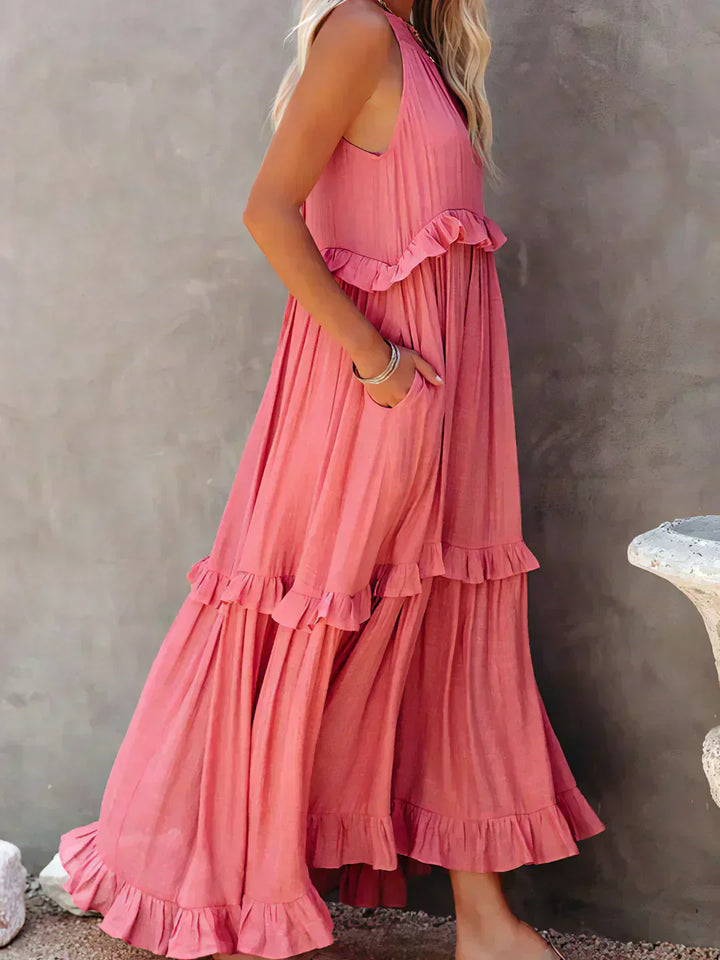 Quetzel | Graceful Halter Neck Ruffle Trim Dress