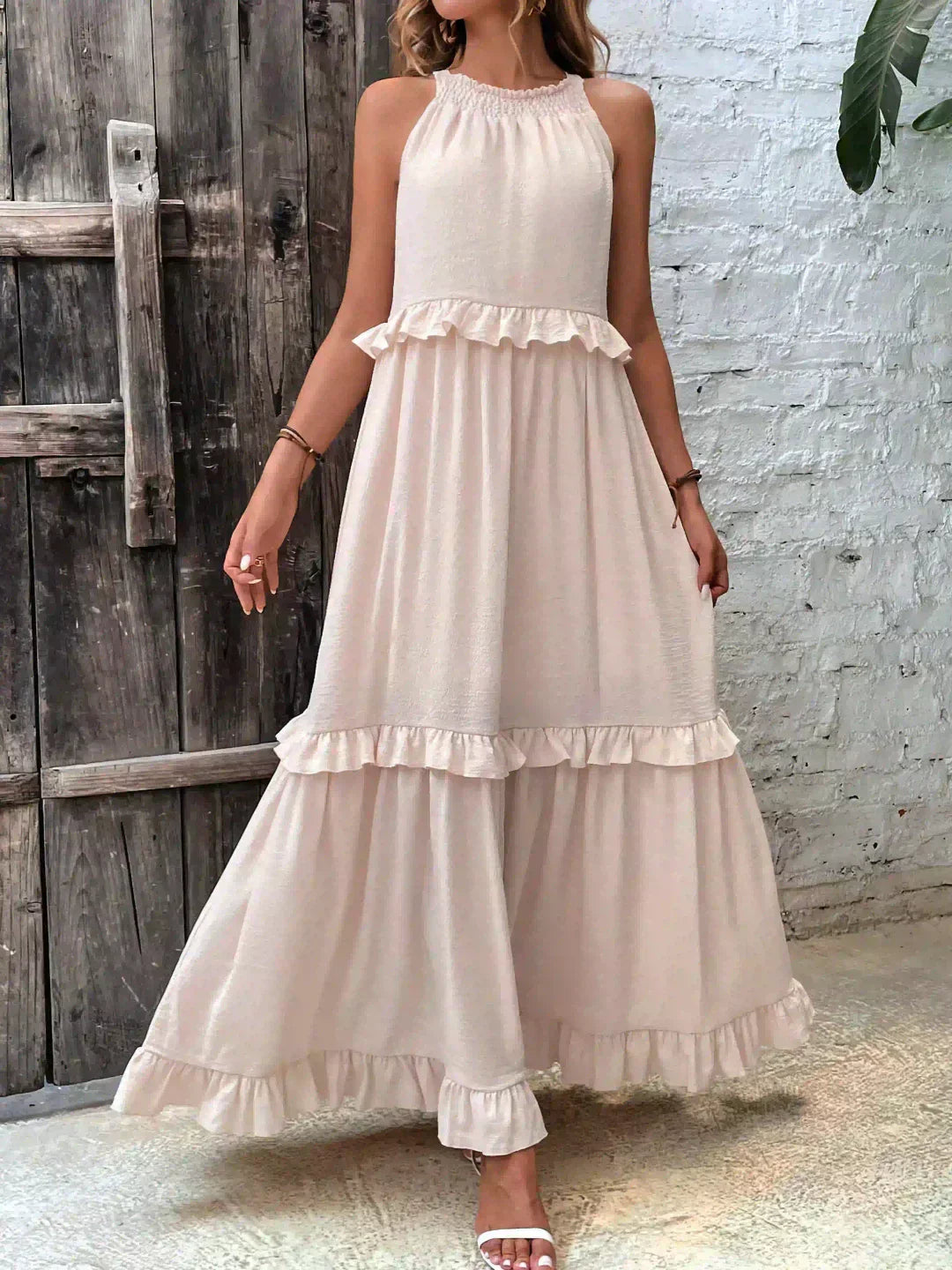 Quetzel | Graceful Halter Neck Ruffle Trim Dress