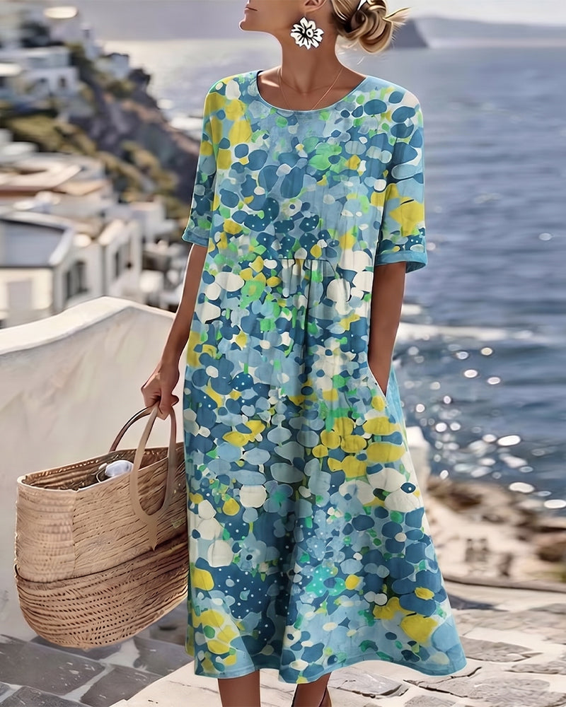 WILLOW | Floral Midi Dress with Round Neck and Short Sleeves for Effortless Summer Style