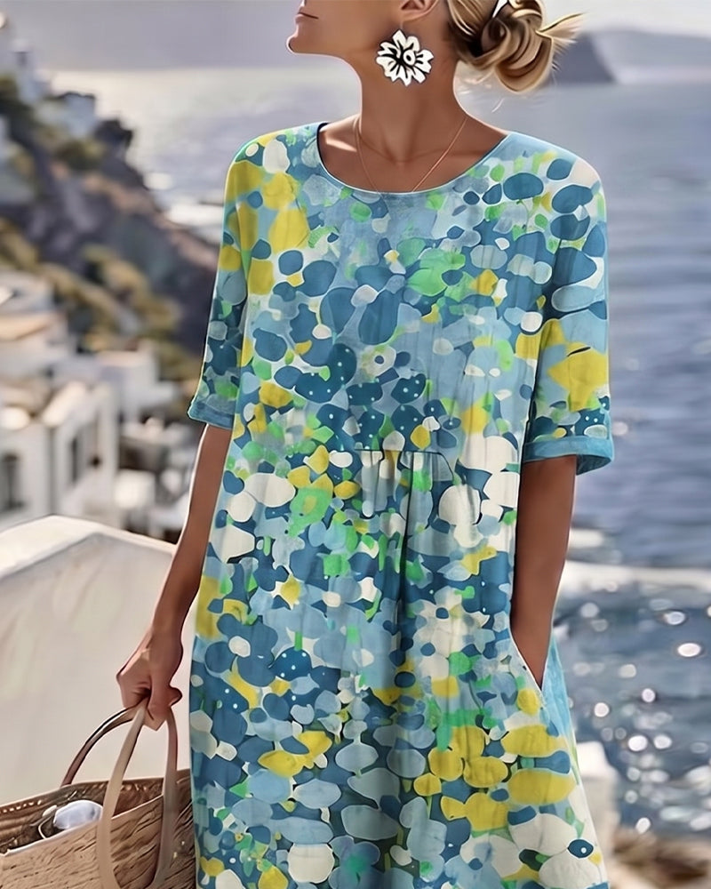 WILLOW | Floral Midi Dress with Round Neck and Short Sleeves for Effortless Summer Style