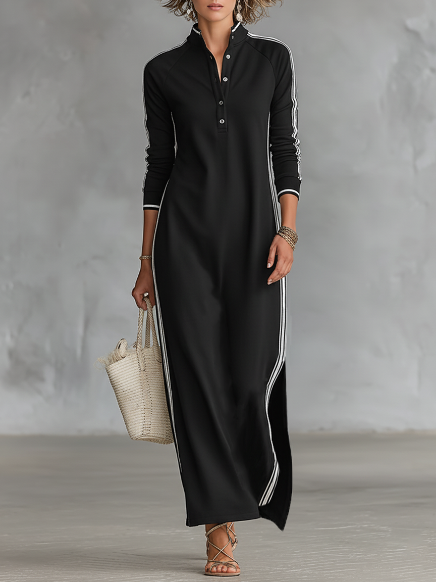 Maxi Sweatshirt Dress for Women with Button-Down Collar and White Trim