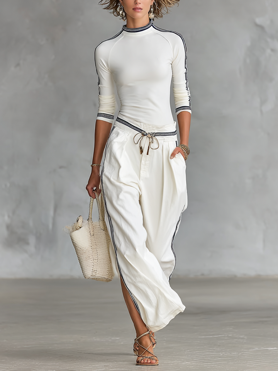 Women's Two-Piece Set: Long Sleeve Sporty T-Shirt with High Neck and Loose Pants with Drawstring