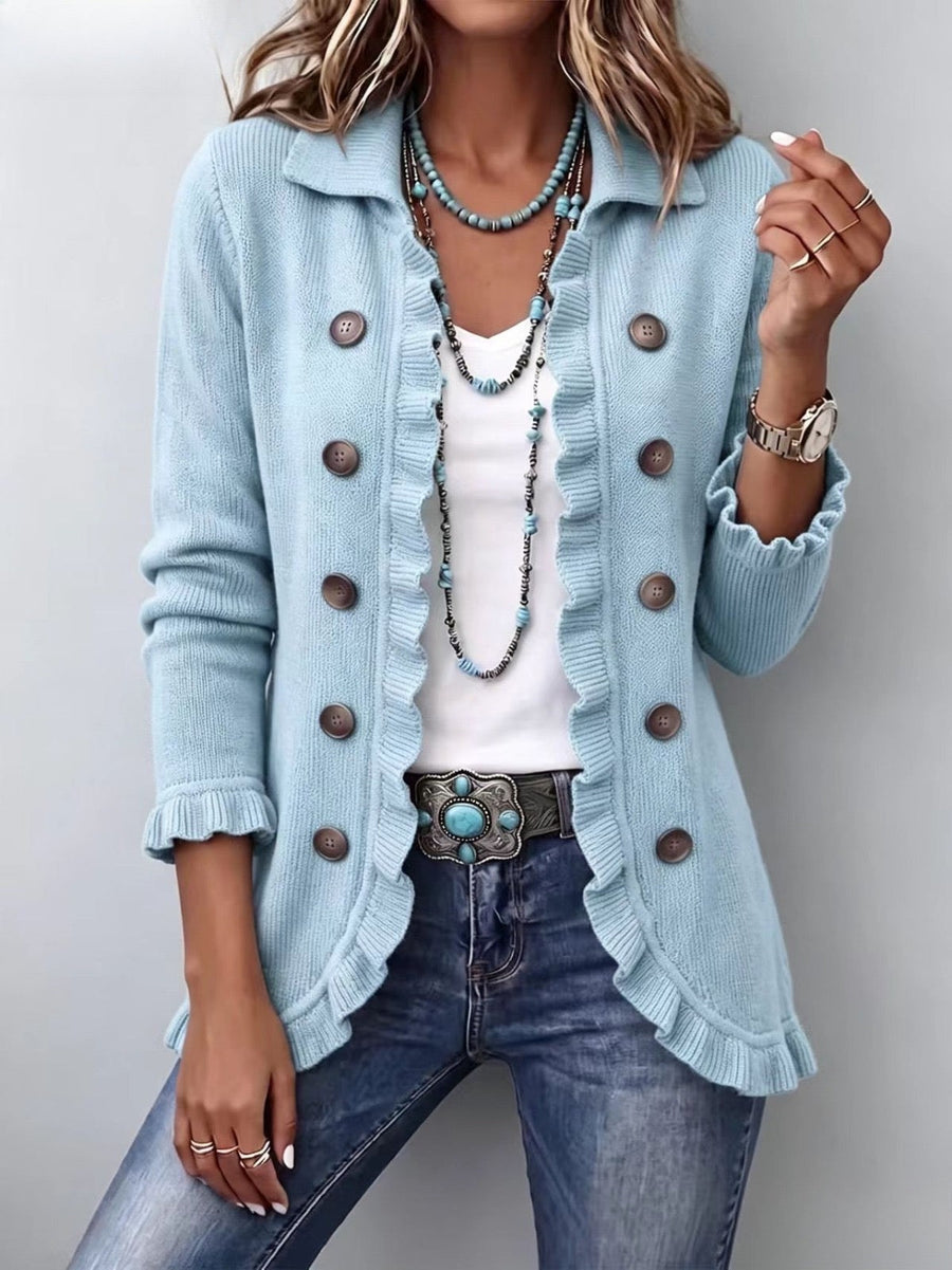Cecilia | Dusty Blue Knit Jacket with Ruffles