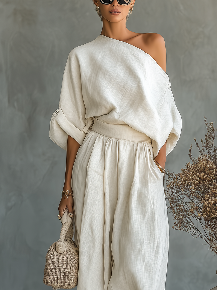 Women's Off-White Set with Off-Shoulder Top and Tapered Pants