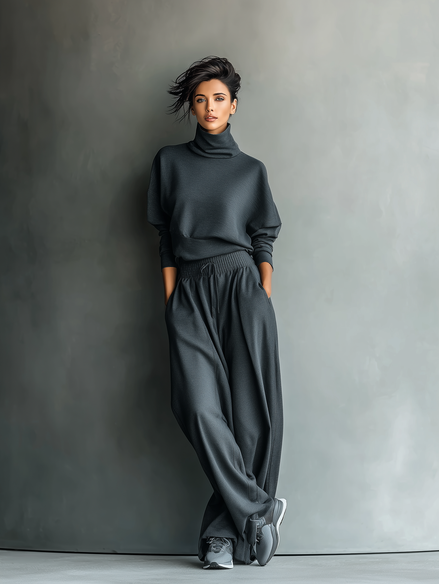 Women's Charcoal Knit Set with High Neck and Wide Leg Pants