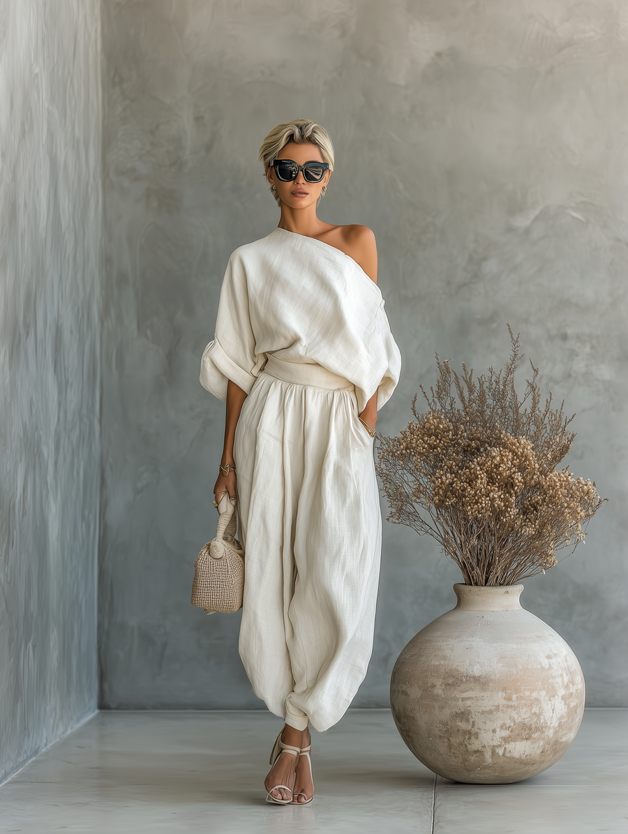Women's Off-White Set with Off-Shoulder Top and Tapered Pants
