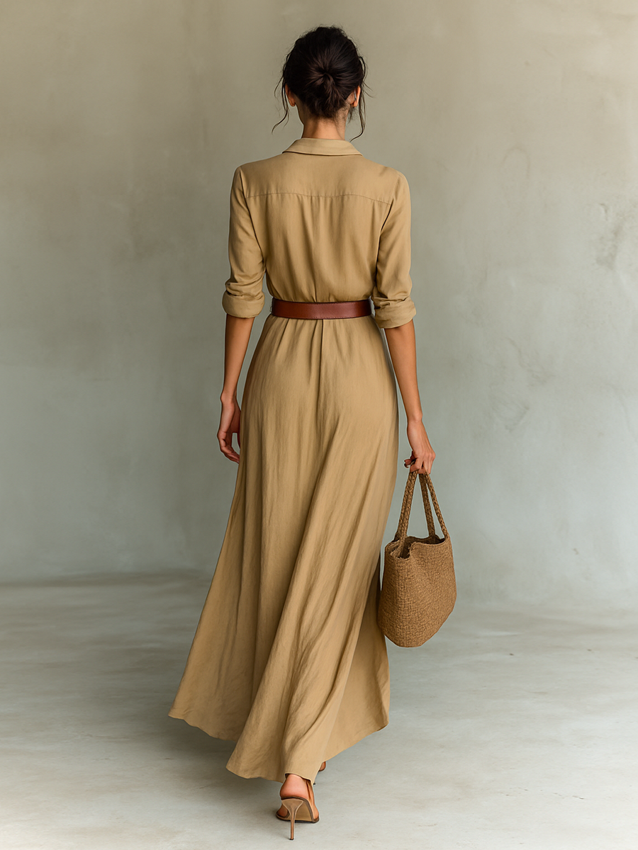 Lapel Single Breasted Long Sleeve Belted Maxi Dress