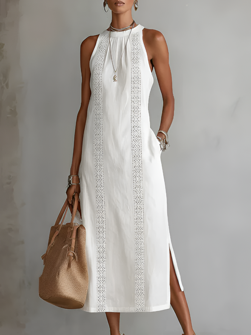 Jimena | Midi Dress in Linen with Mao Collar