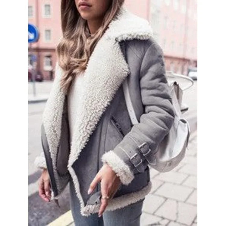 Women's Premium Faux Sheepskin Jacket With Belt And Pockets
