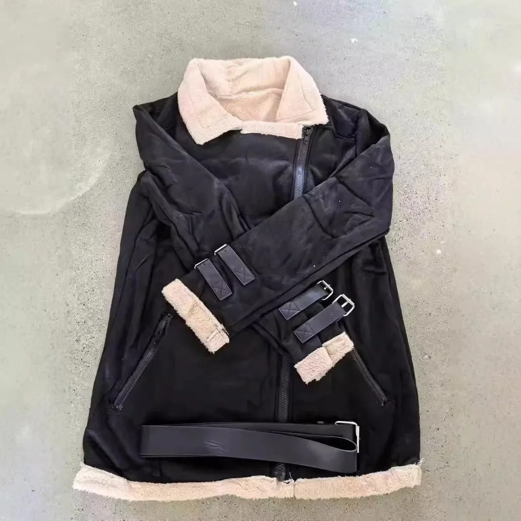 Women's Premium Faux Sheepskin Jacket With Belt And Pockets