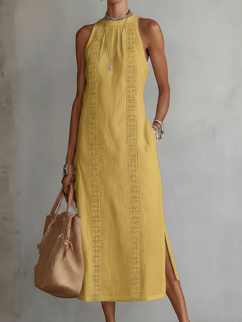 Jimena | Midi Dress in Linen with Mao Collar