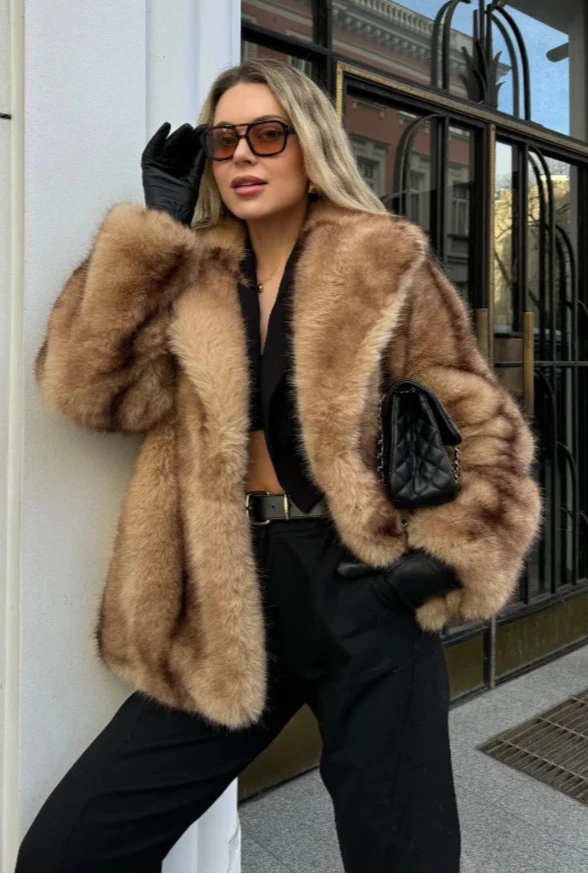Women's Luxe Brown Faux Fur Oversized Coat